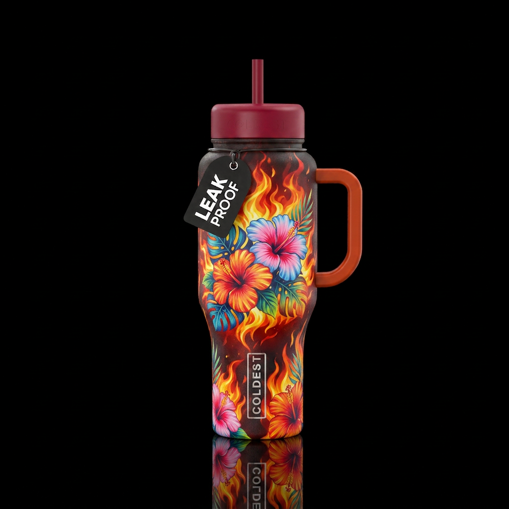 Hibiscus on fire water bottle design