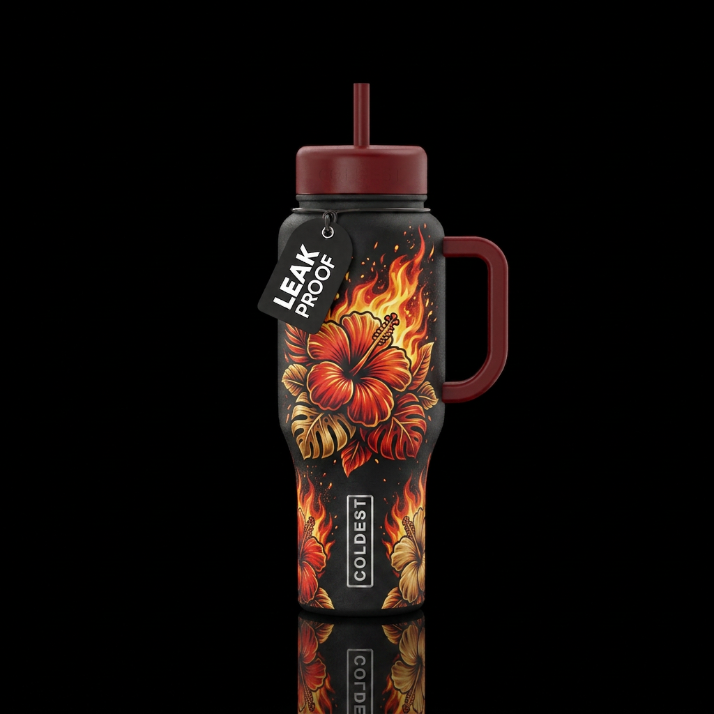 Hibiscus on fire water bottle design