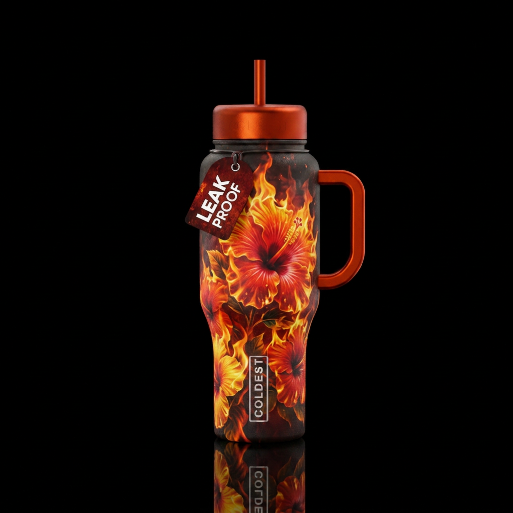 Hibiscus on fire water bottle design