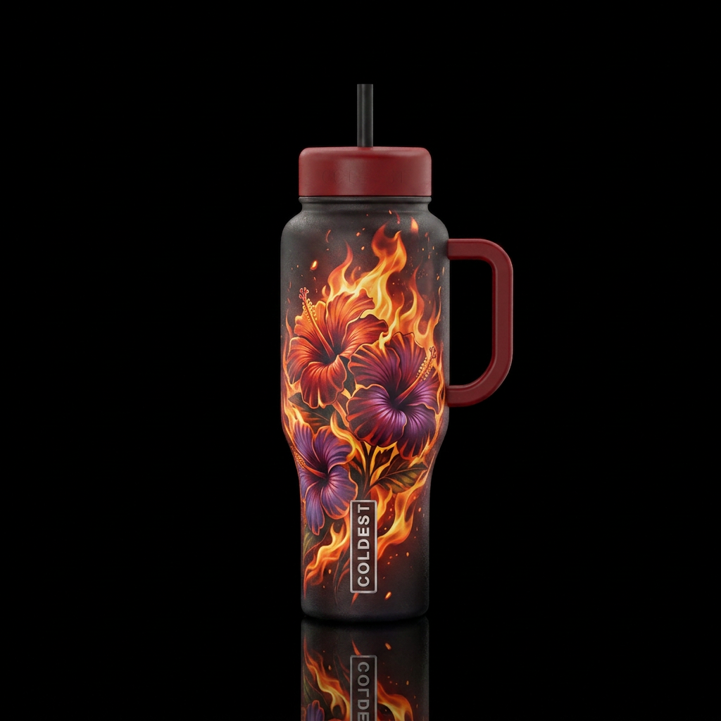 Hibiscus on fire water bottle design