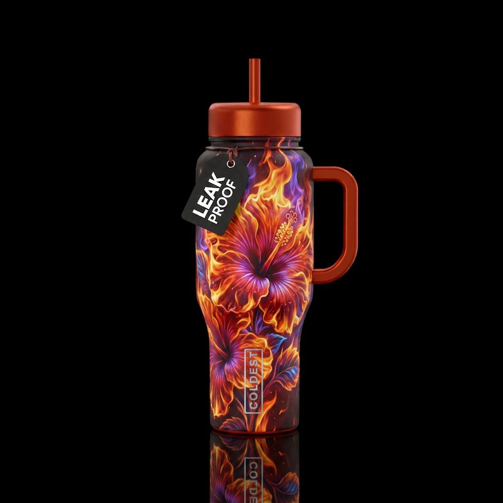 Hibiscus on fire water bottle design