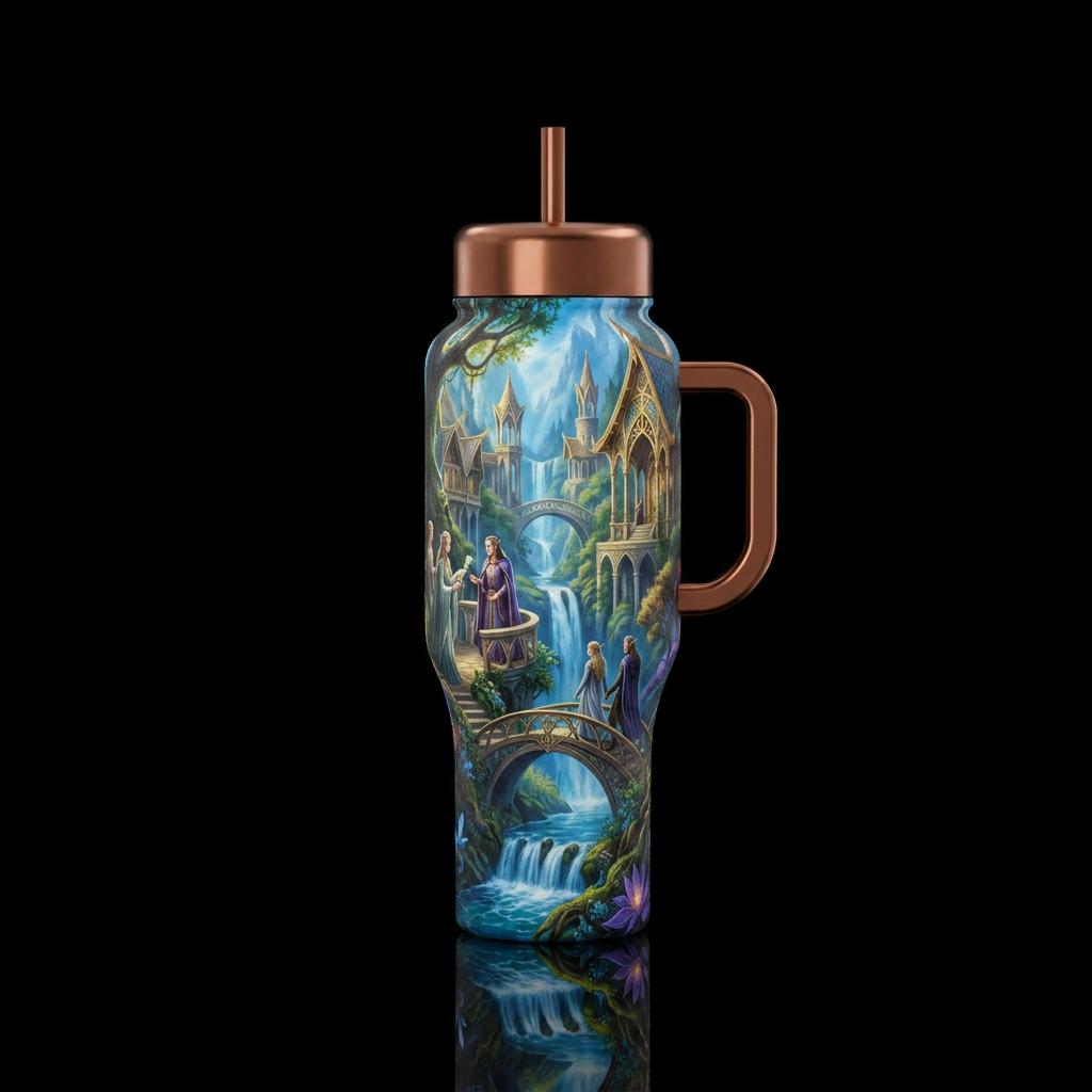 Rivendell with elves water bottle design