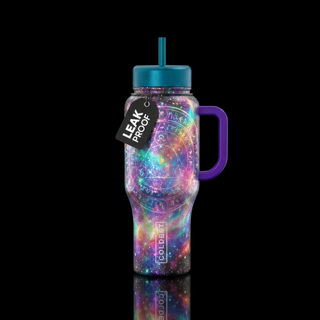 hologram, glowie, sparkly, vibrant, fantasy water bottle design