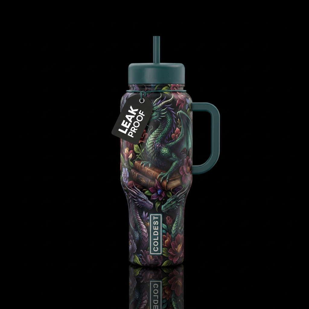 Design a bottle around dragons, flowers, and books... water bottle design