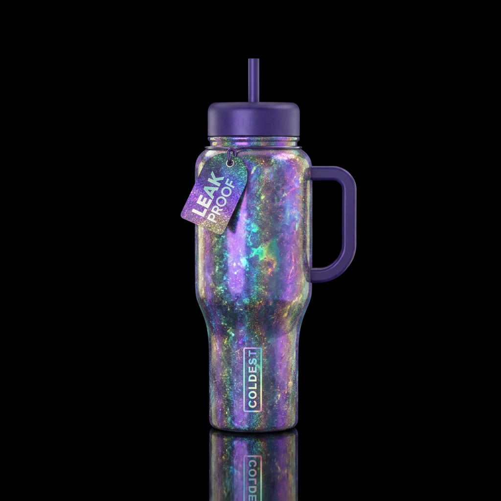 hologram, glowie, sparkly, vibrant, fantasy water bottle design