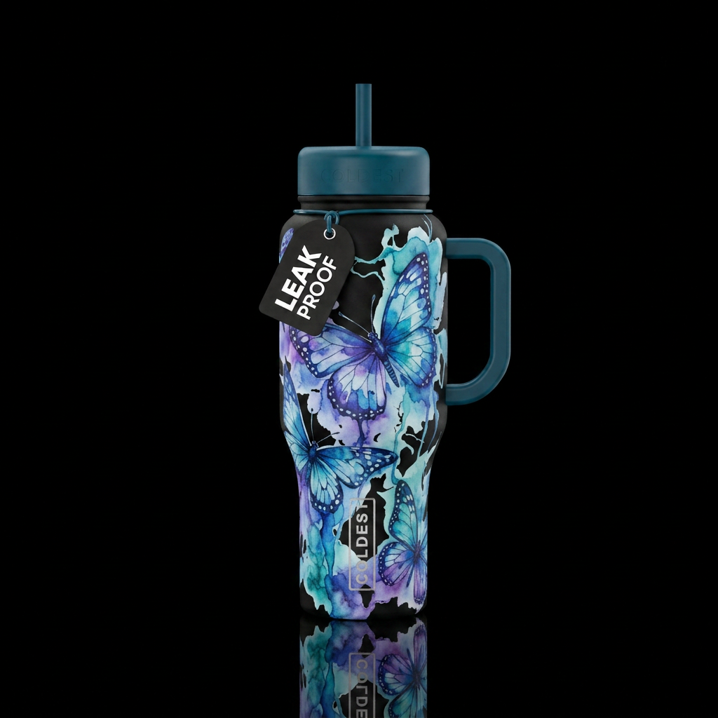 monochrome, butterfly, watercolor water bottle design