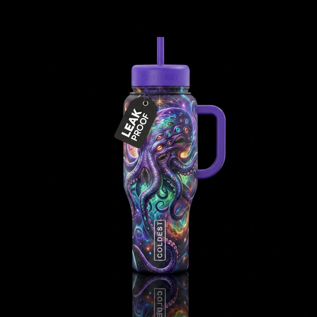 cosmic horror, vibrant water bottle design