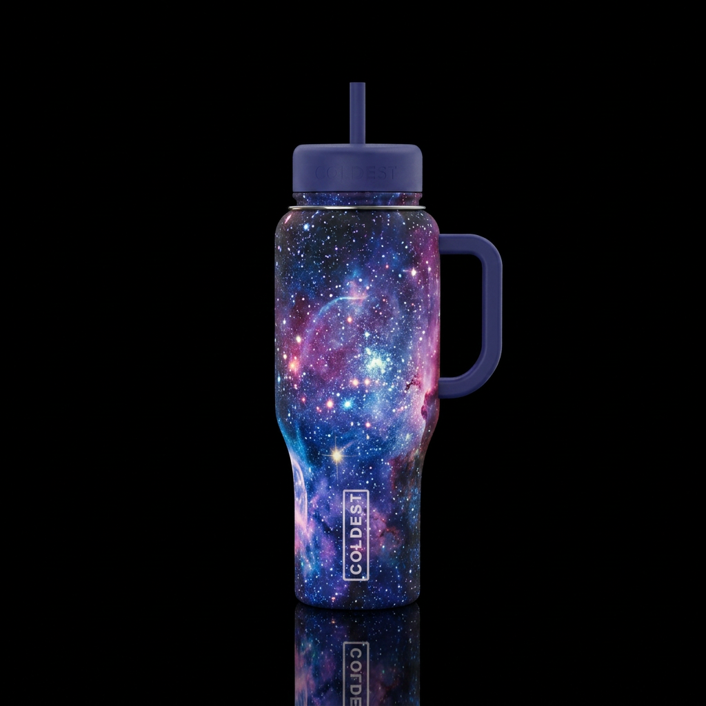 cosmos, sparkly, glowie water bottle design