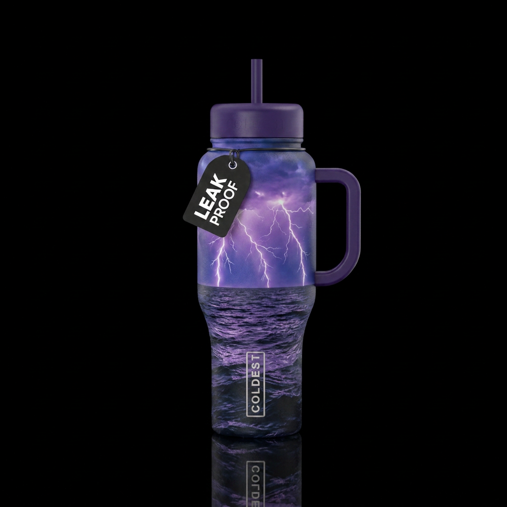 Ocean scene. Lightning sticking over the water pur... water bottle design