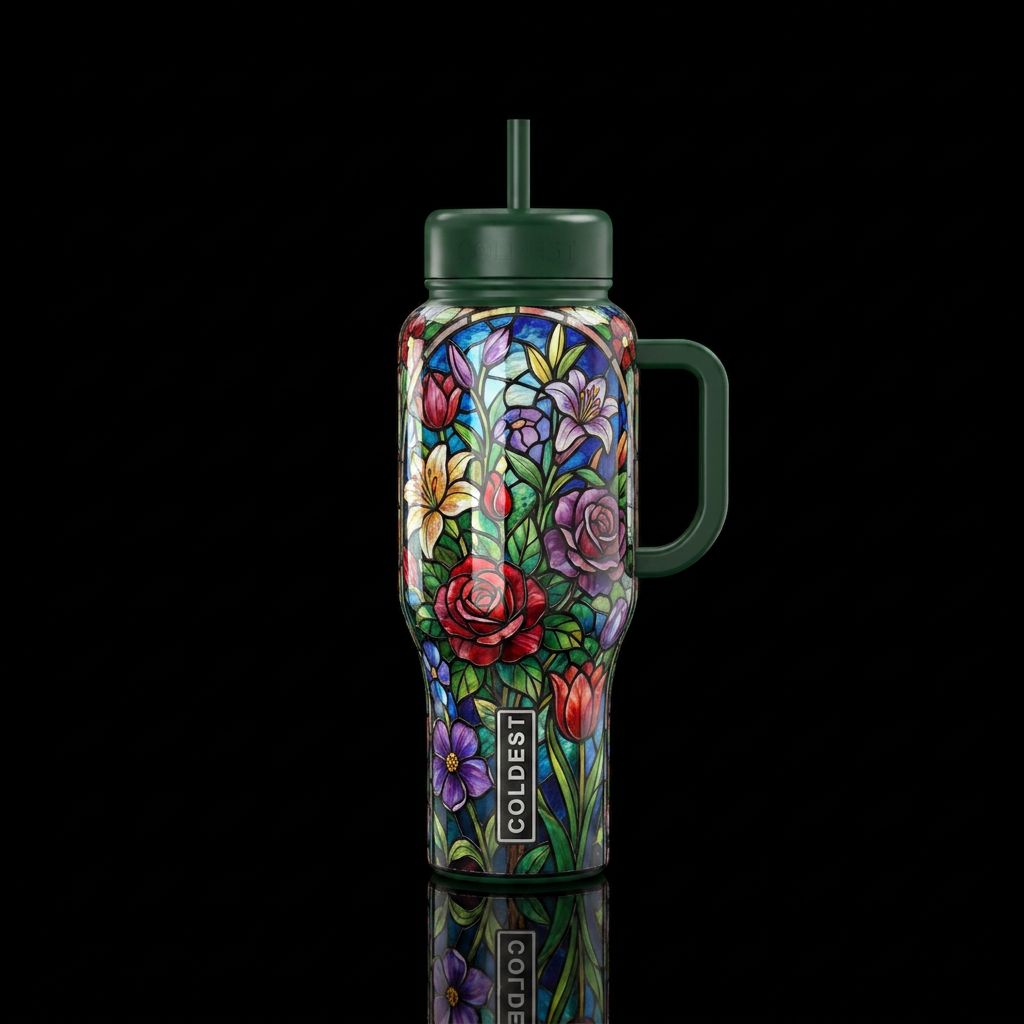 Textured, stained glass, garden water bottle design
