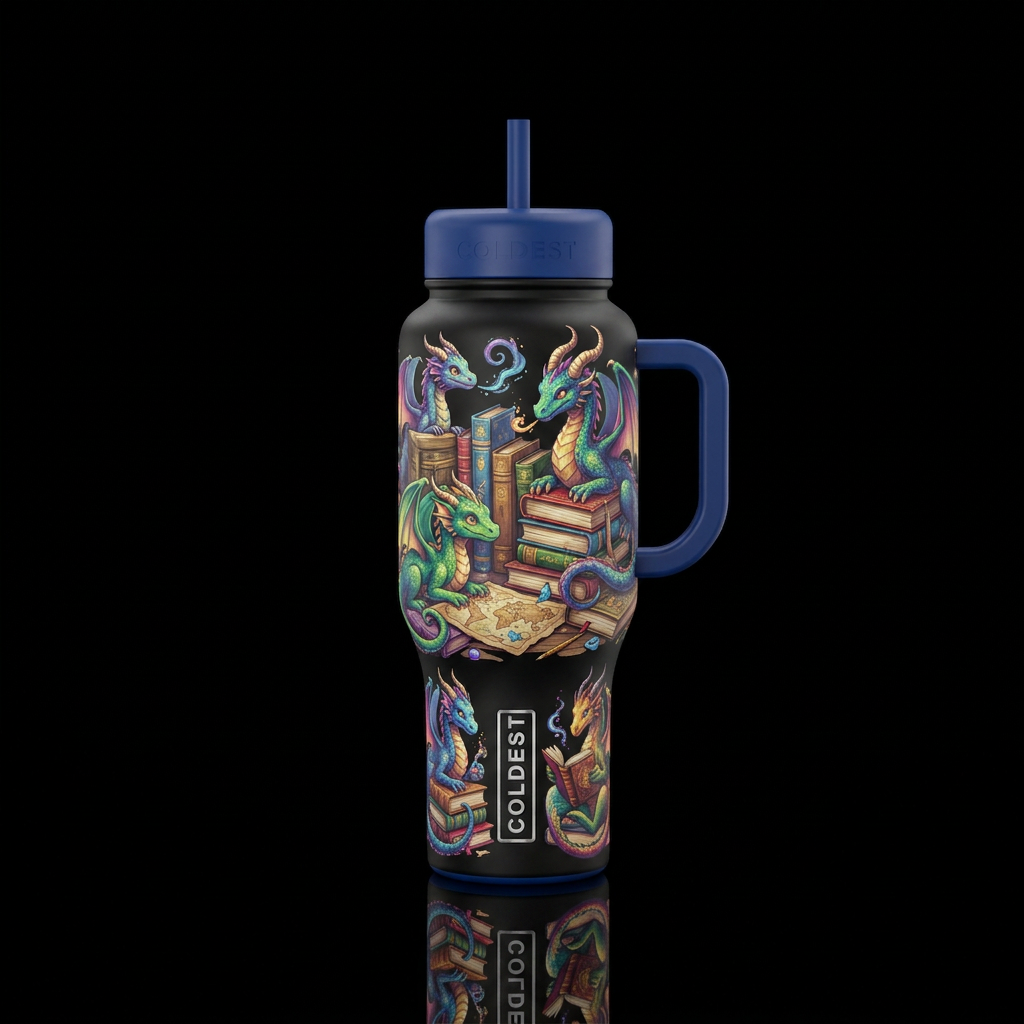 Dragons books whimsical fun water bottle design
