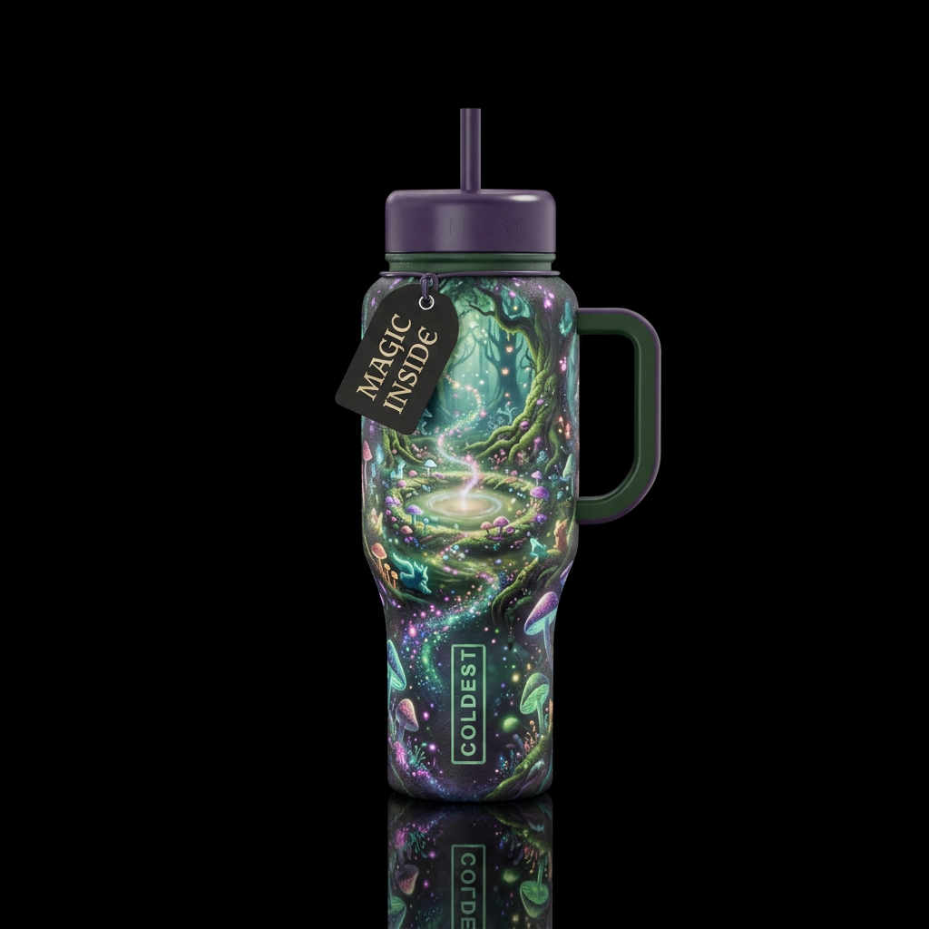fairy ring, glowie, sparkly, vibrant, ancient water bottle design