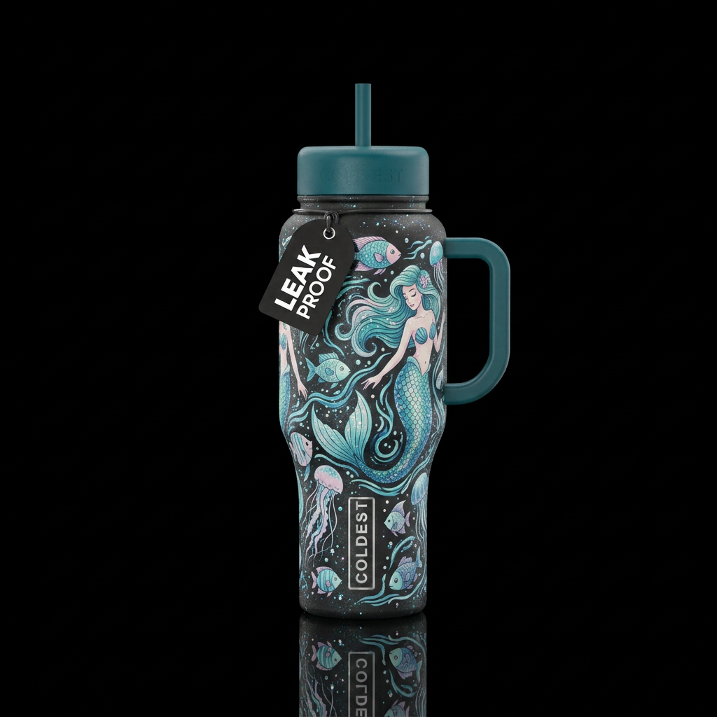 Mermaids, fish, jellyfish, whimsical, teal, pale p... water bottle design