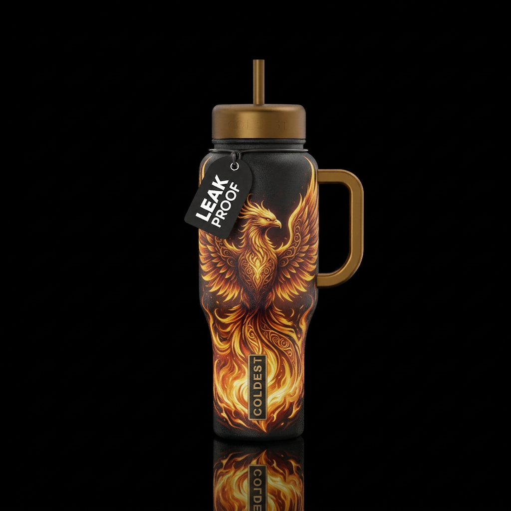 Phoenix rising from flames, vibrant, beautiul, mag... water bottle design