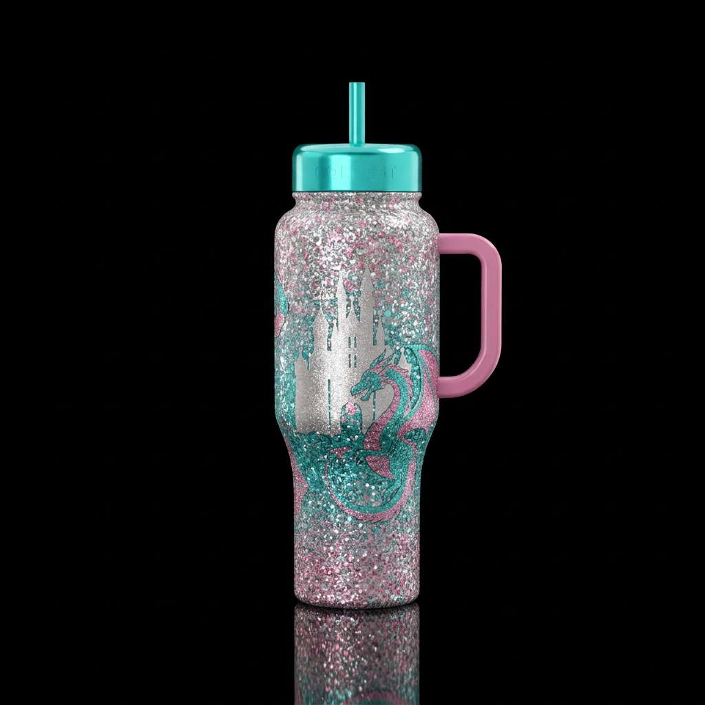 magical, Glitter, silver, pink, teal, castle, drag... water bottle design