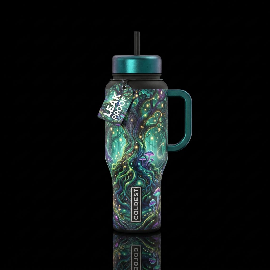 enchanted woods, sparkly, beautiul, glowie, magica... water bottle design