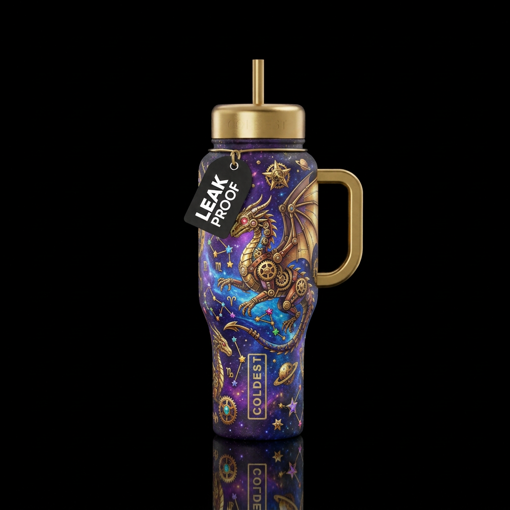 Steampunk dragons, constellations water bottle design