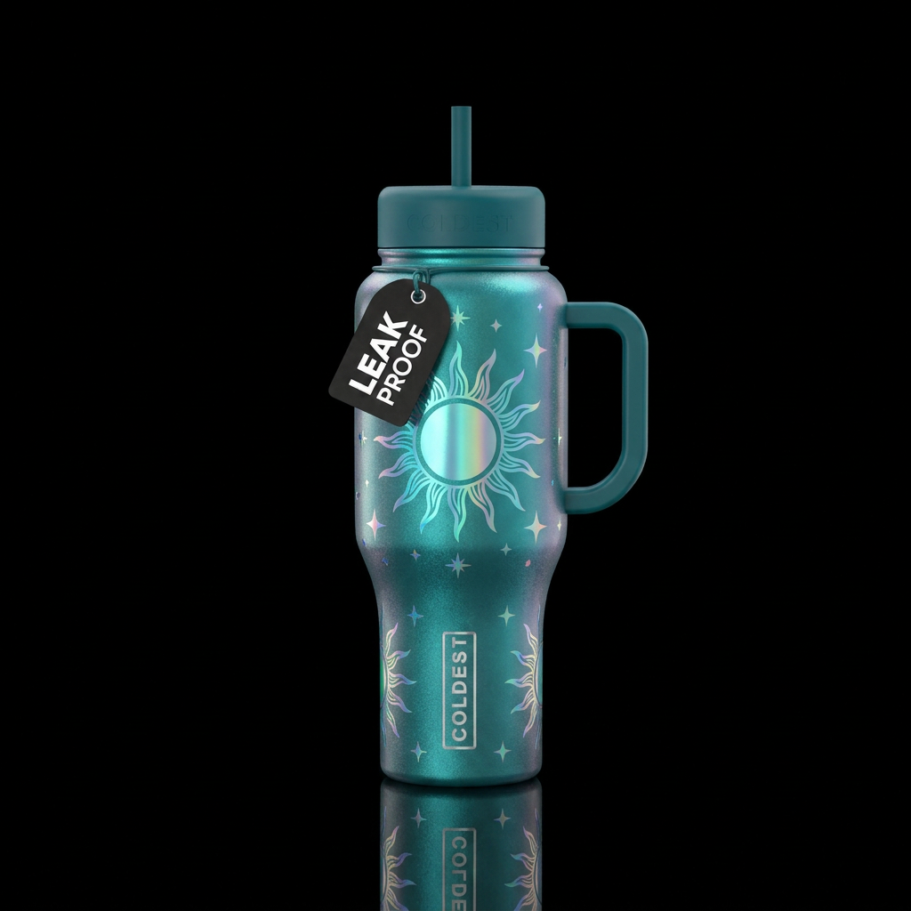 Teal shiny iridescent  celestial zun water bottle design