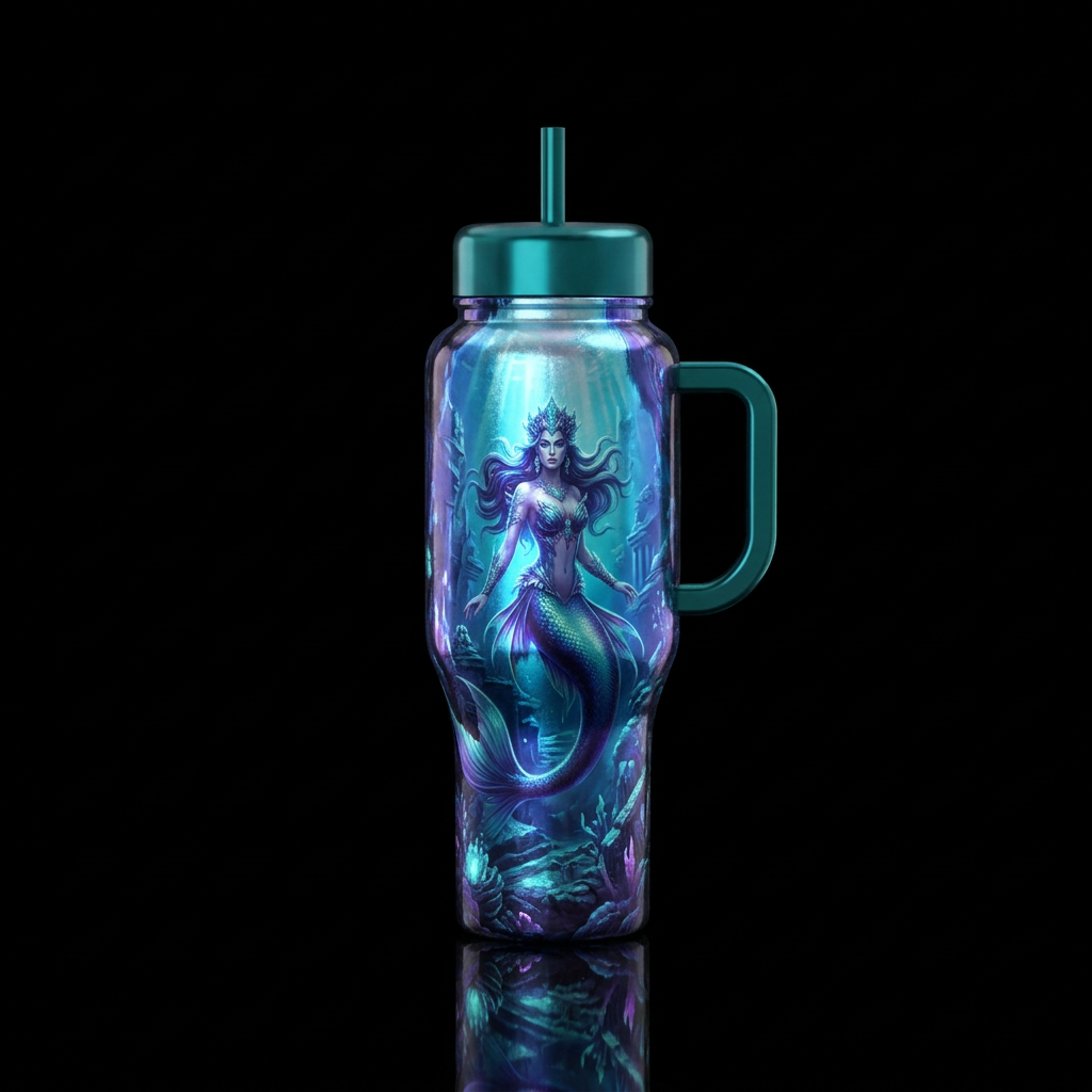 Lost at sea Atlantis queen mermaid iridescent glow... water bottle design