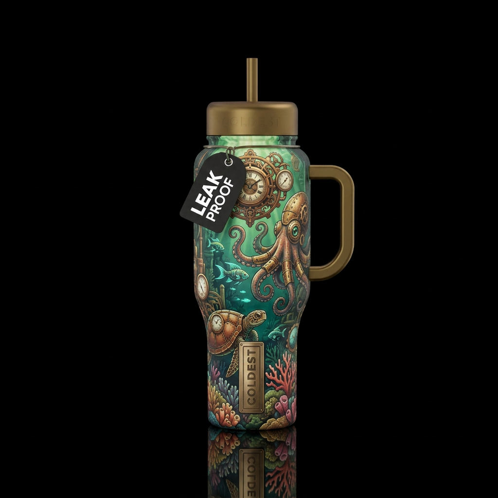 Steam punk ocean reef with marine life water bottle design
