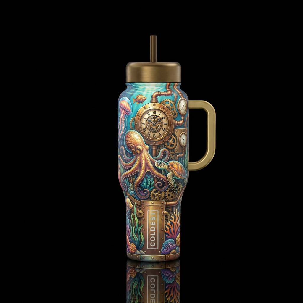 Steam punk ocean reef with marine life water bottle design