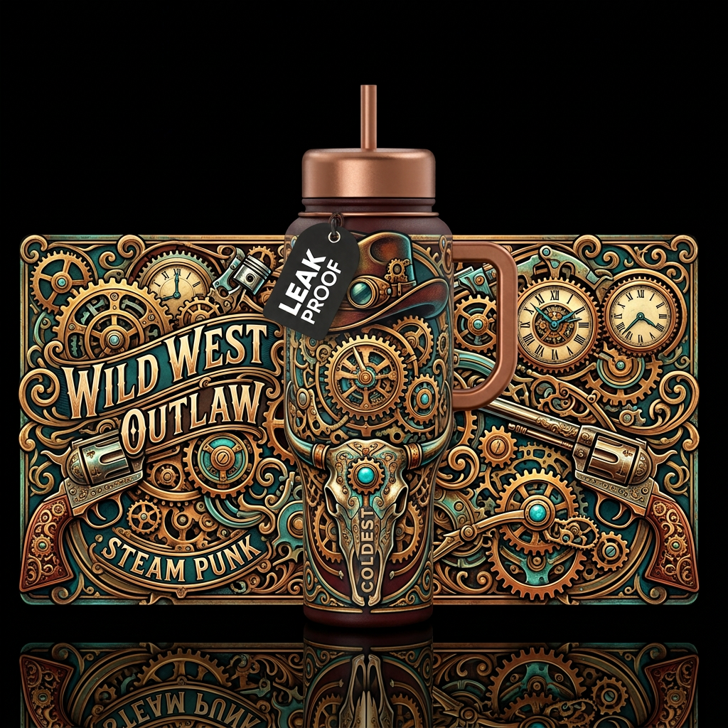 Steam punk cowboy outlaw wild west water bottle design