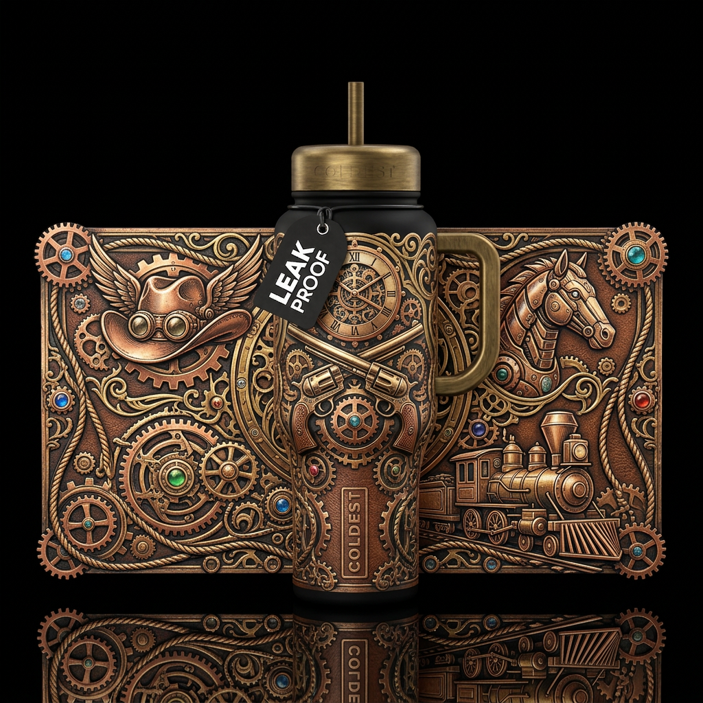 Steam punk cowboy outlaw wild west water bottle design