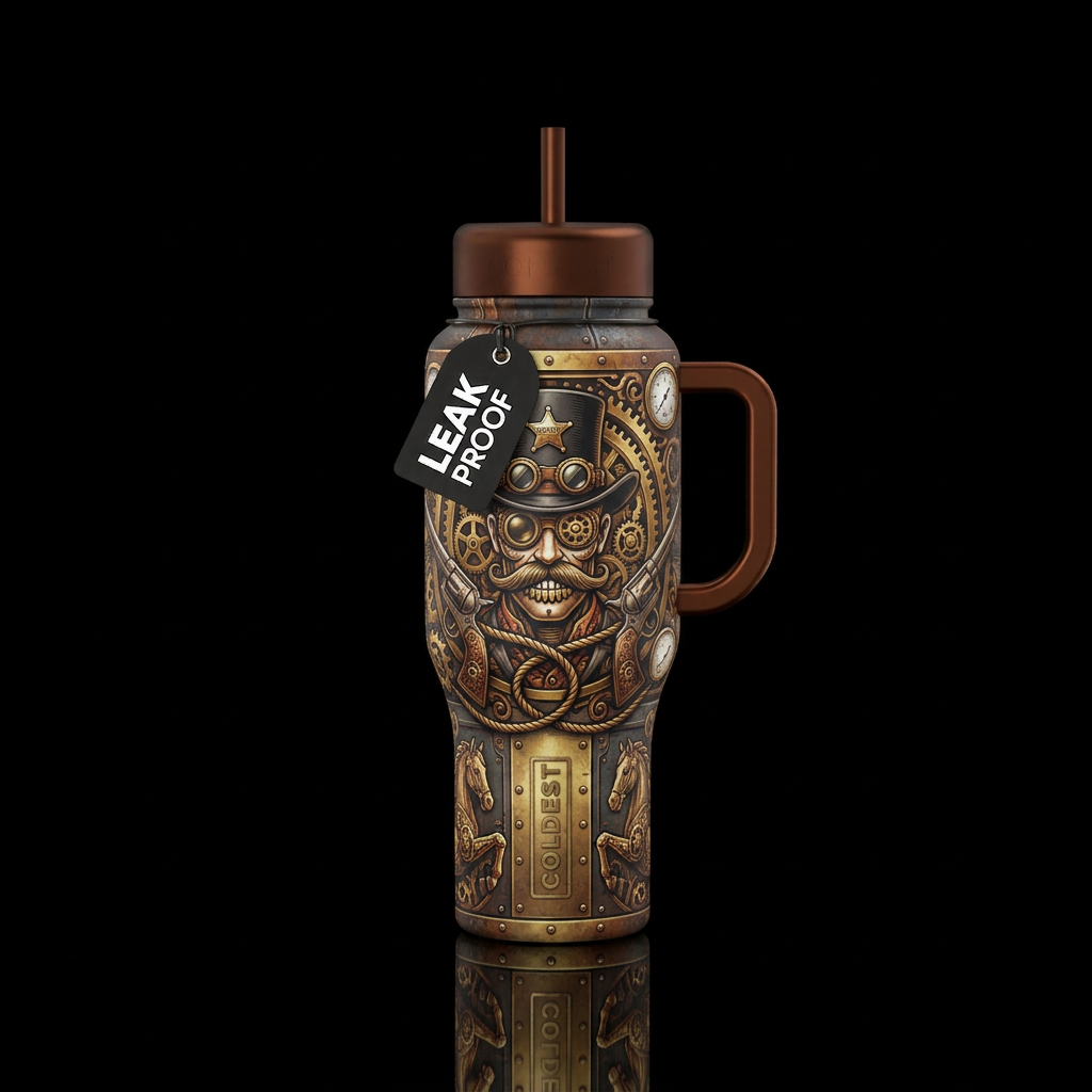 Steam punk cowboy outlaw wild west water bottle design
