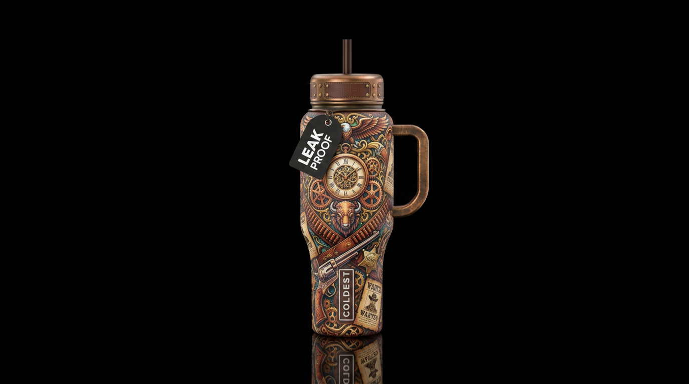 Steam punk cowboy outlaw wild west water bottle design