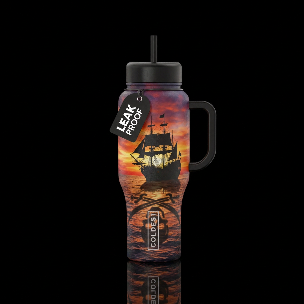 Sunset and pirate ship with a private shadow water bottle design
