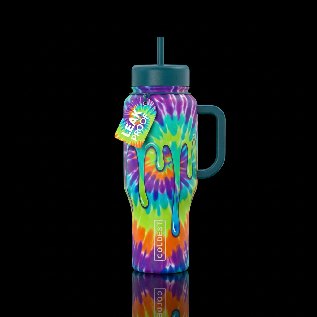 Bold colors dripping tie dye water bottle design