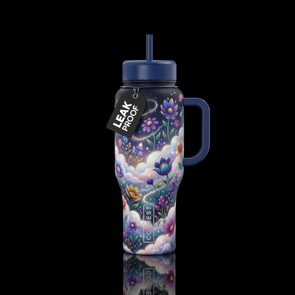 wildflowers, vibrant, magical, clouds, whimsical water bottle design