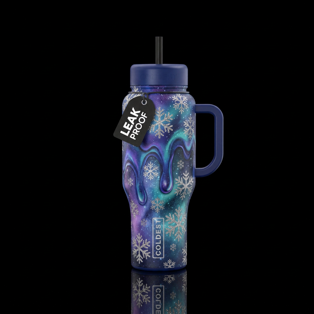 Dripping aura nights with silver sparkly snowflake... water bottle design
