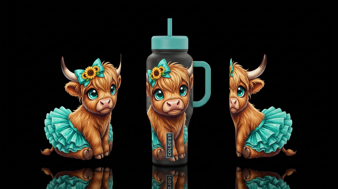a baby highland cow sitting at a slight angle, car... water bottle design