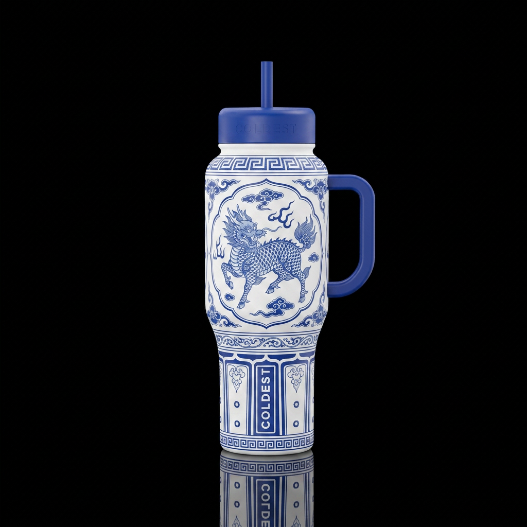 White and Cobalt Kirin water bottle design