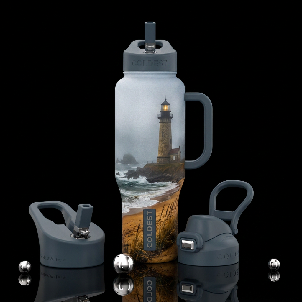 Old Lighthouse in fog with beach view water bottle design