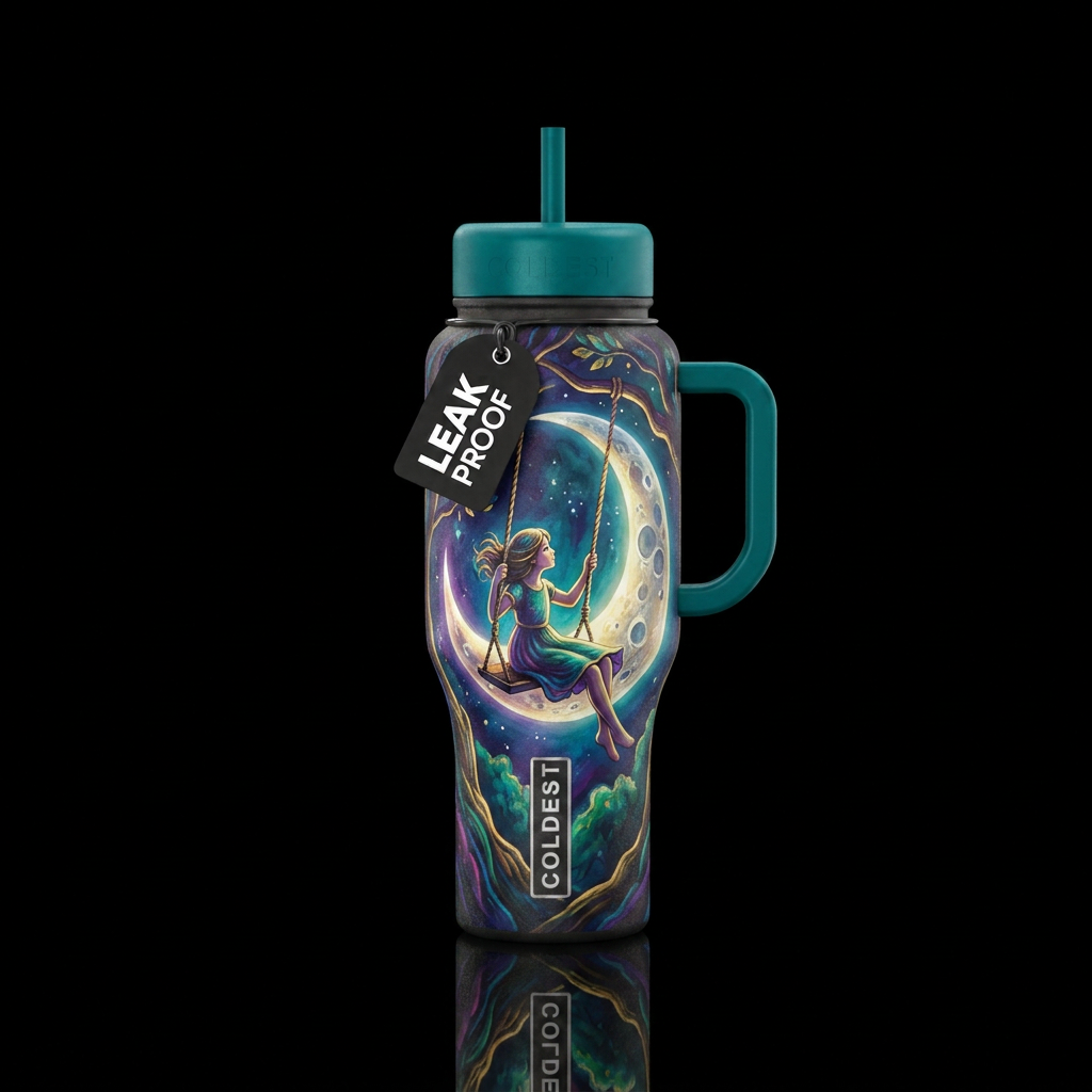 Girl on a rope swing under the moon water bottle design