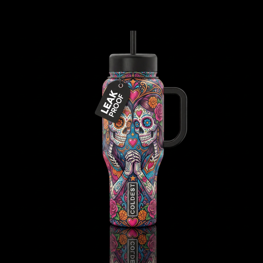 Sugar skull man and woman holding hands water bottle design