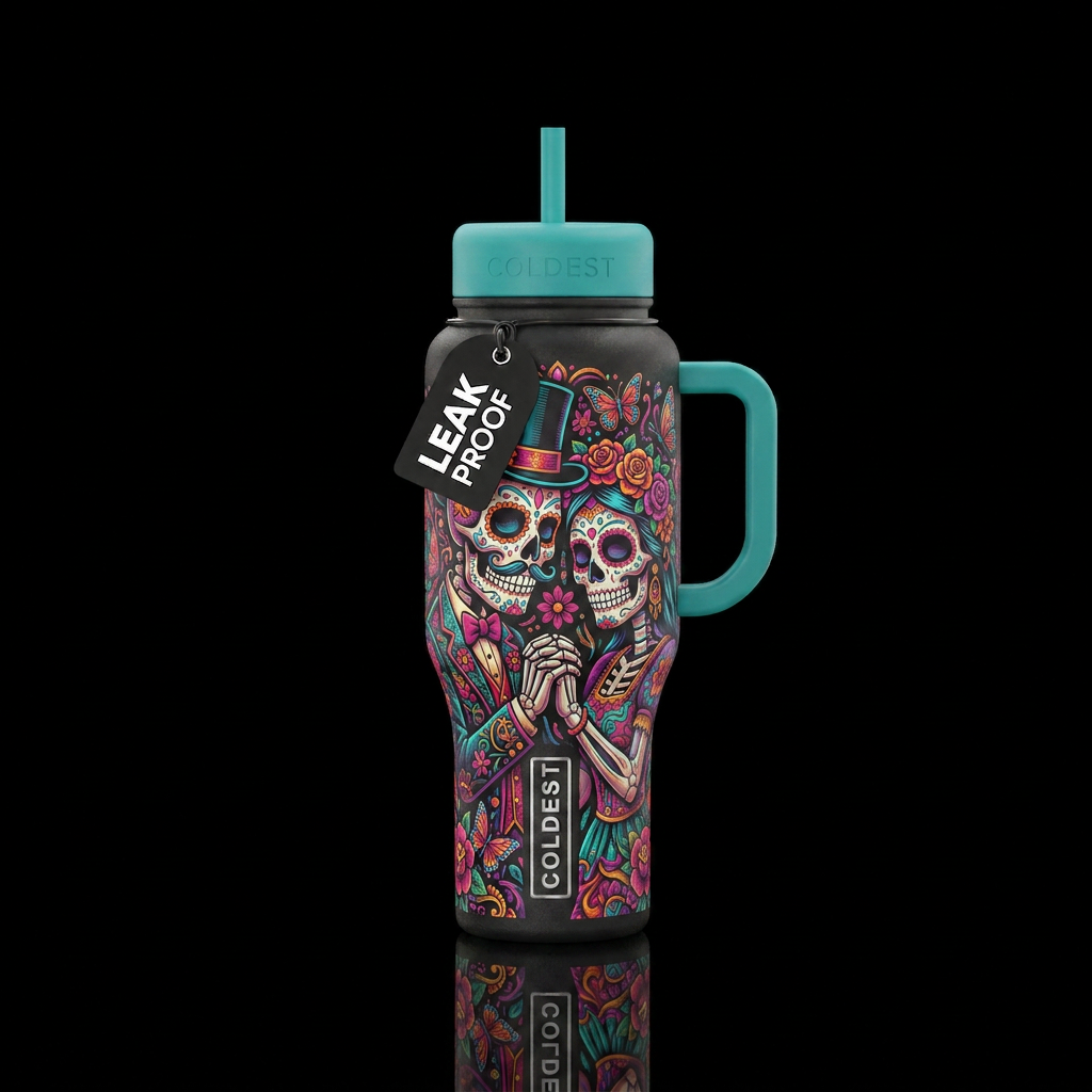 Sugar skull man and woman holding hands water bottle design