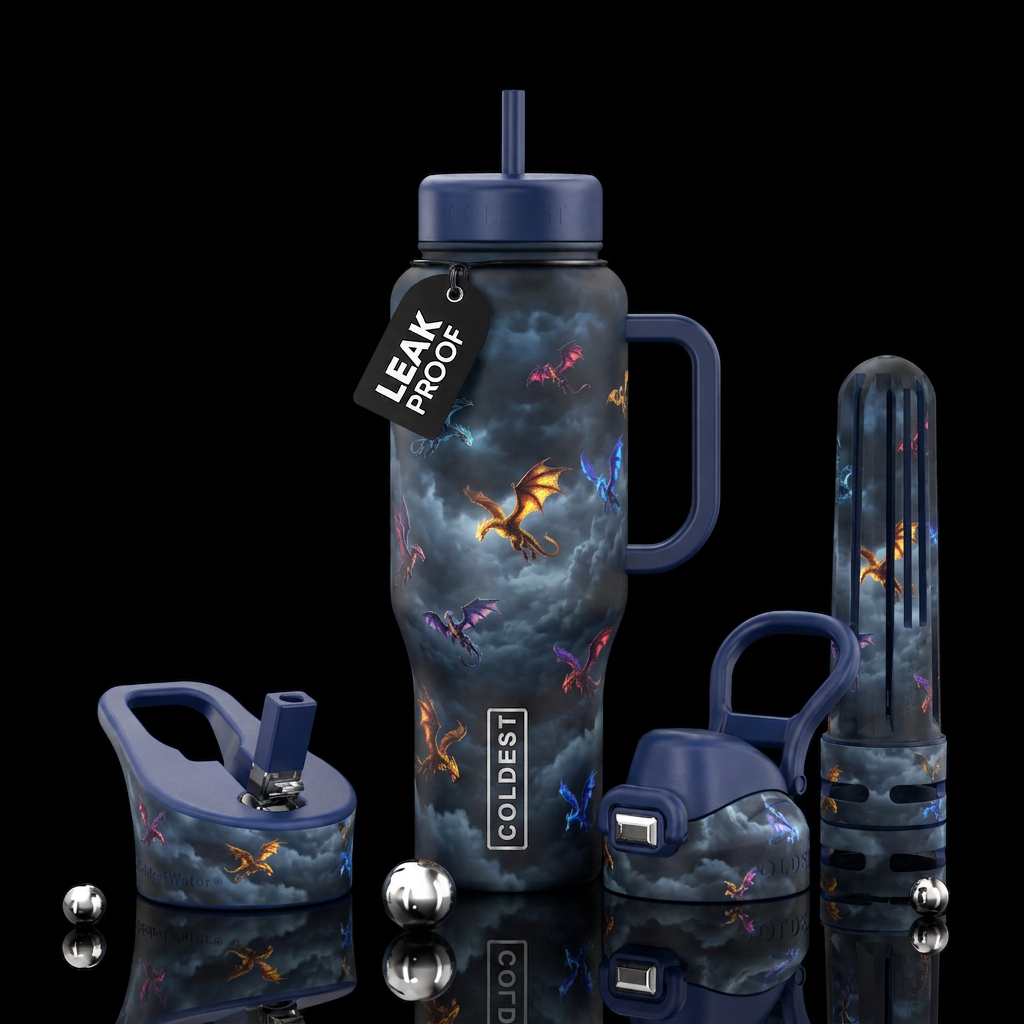 Small Dragons flying distantly in a dark, cloudy s... water bottle design