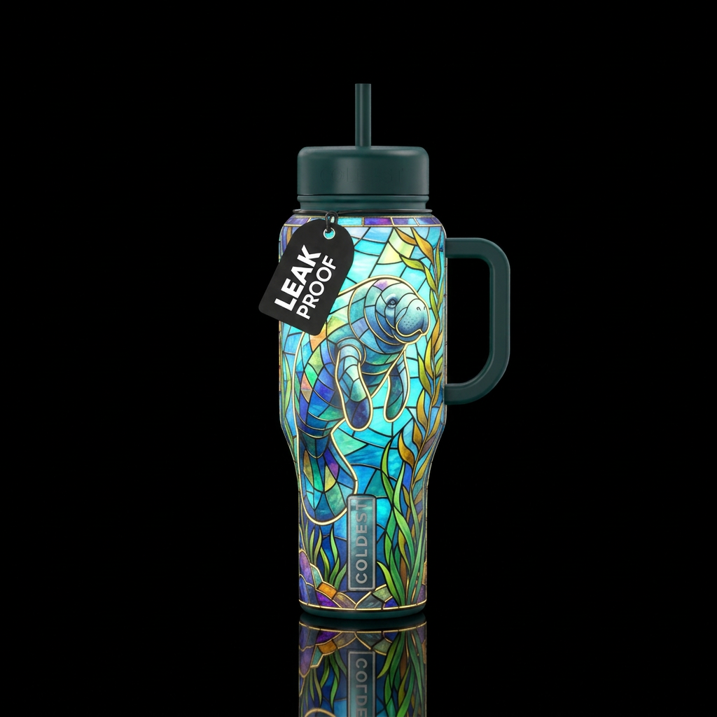 Manatee, stained glass, glowie water bottle design