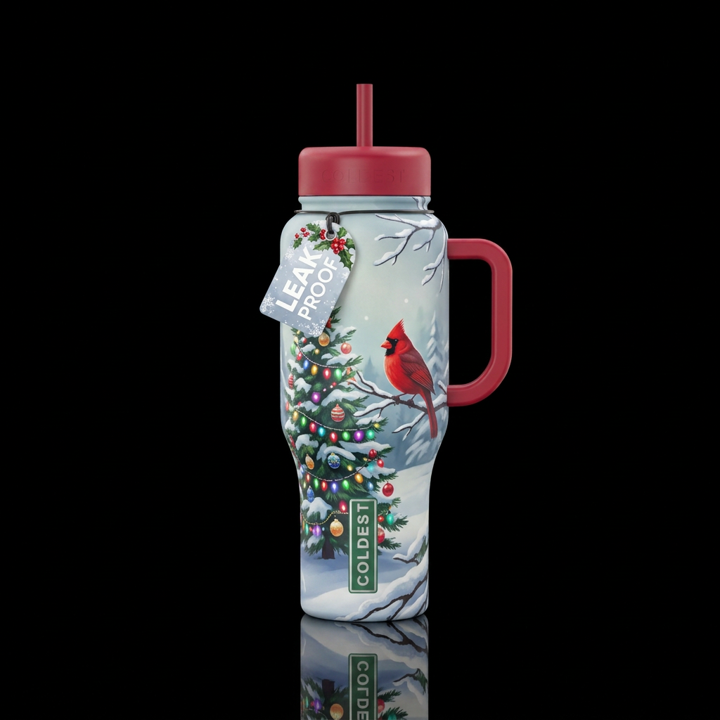 Winter snow, Christmas tree and cardinal water bottle design