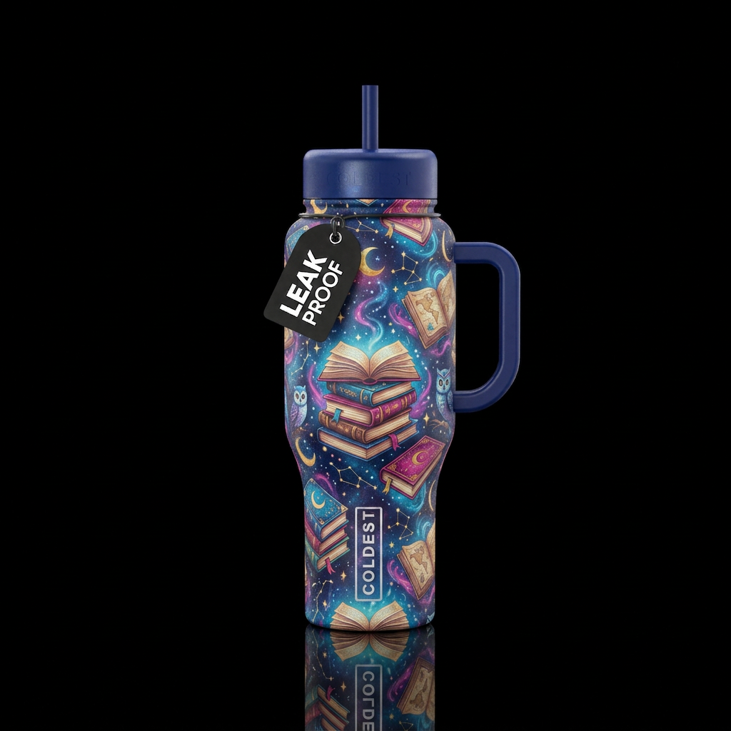 Magical books, dreamy water bottle design