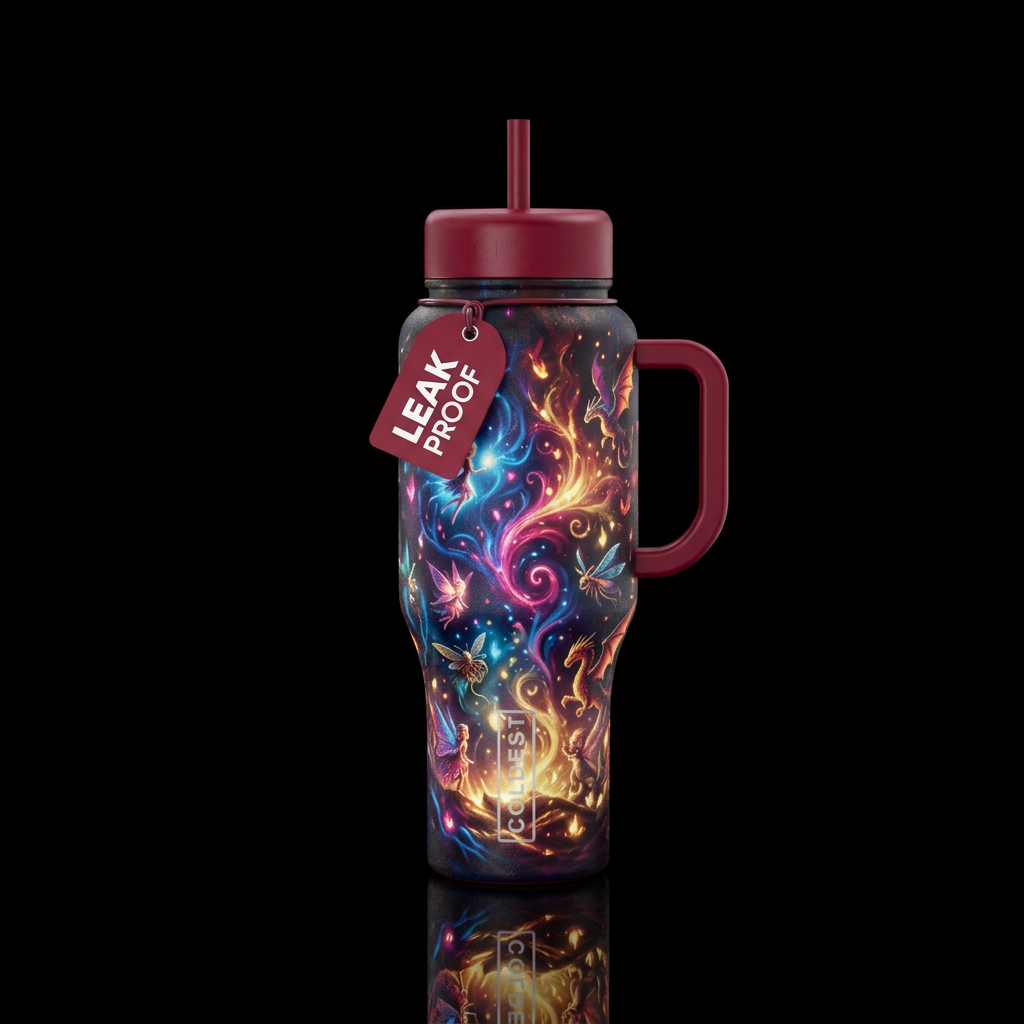 whimsical, dark mood,, magical, firery, glowie water bottle design