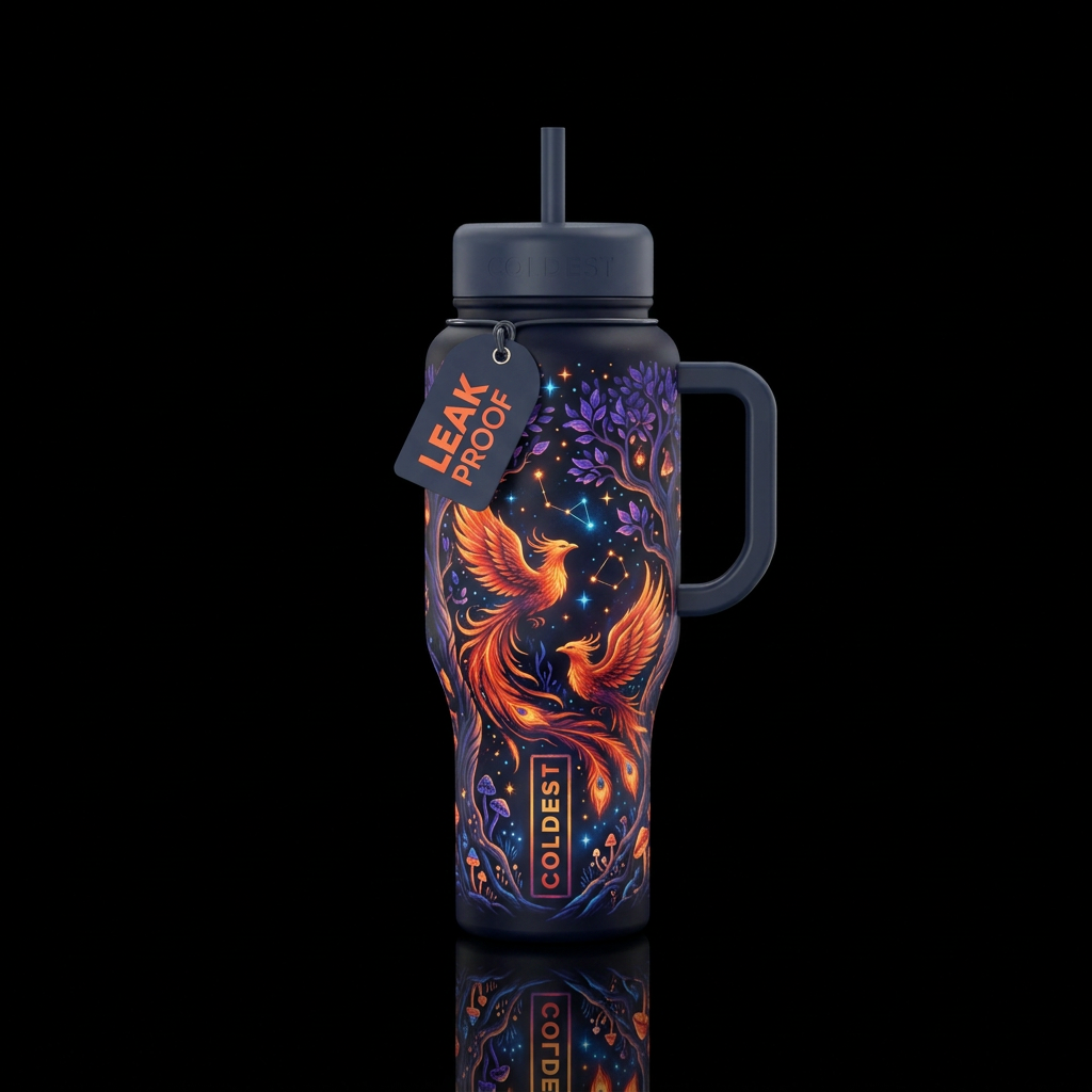 whimsical, dark mood,, magical, firery, glowie water bottle design