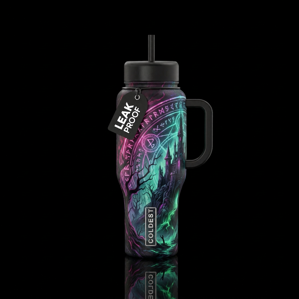 scary, magical, vibrant, ancient, haunted, glowie water bottle design