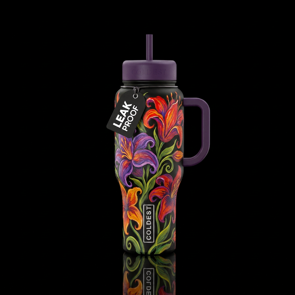 Fire Lilly, painted, vibrant and whimsy water bottle design