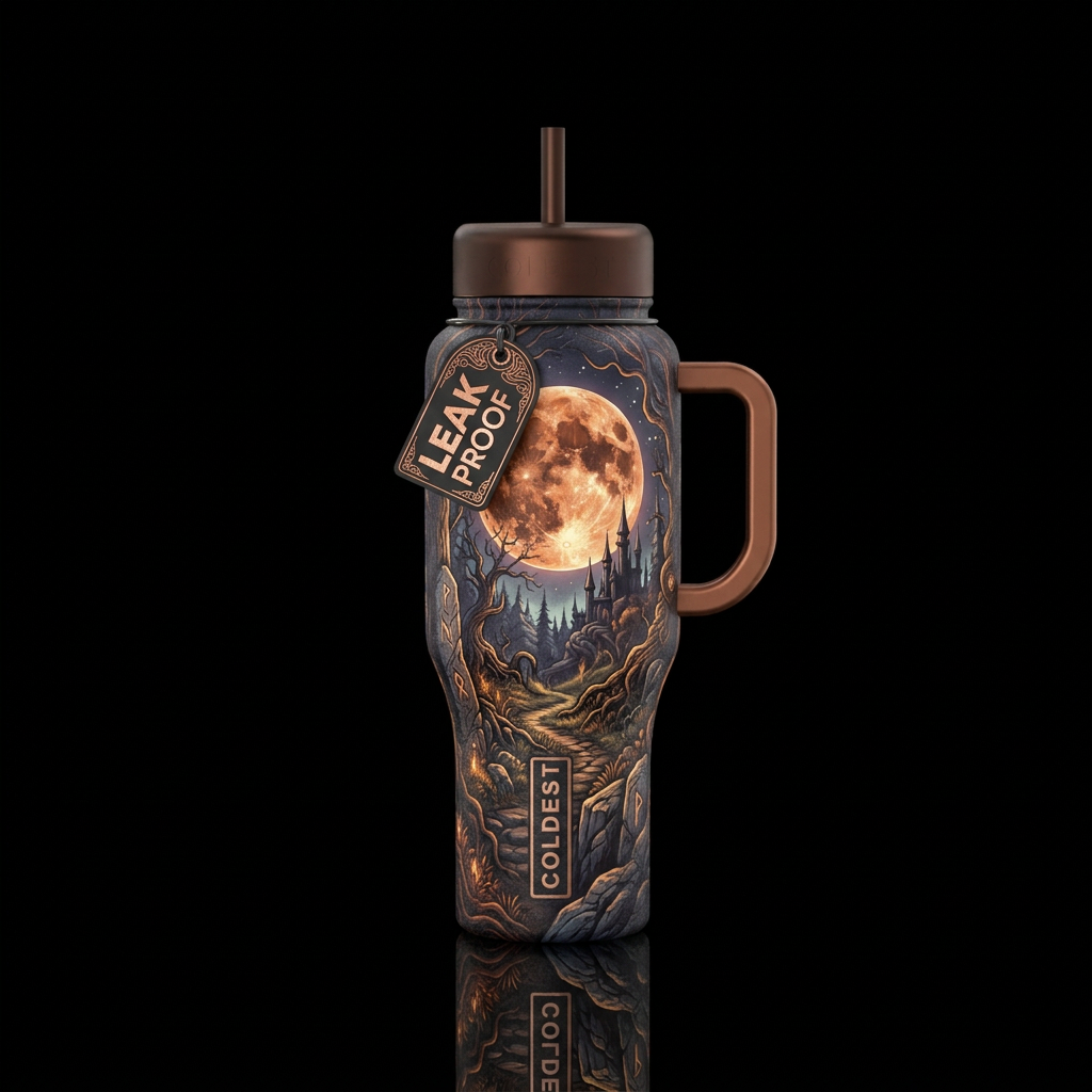 harvest moon, rugged, fantasy, darkness water bottle design