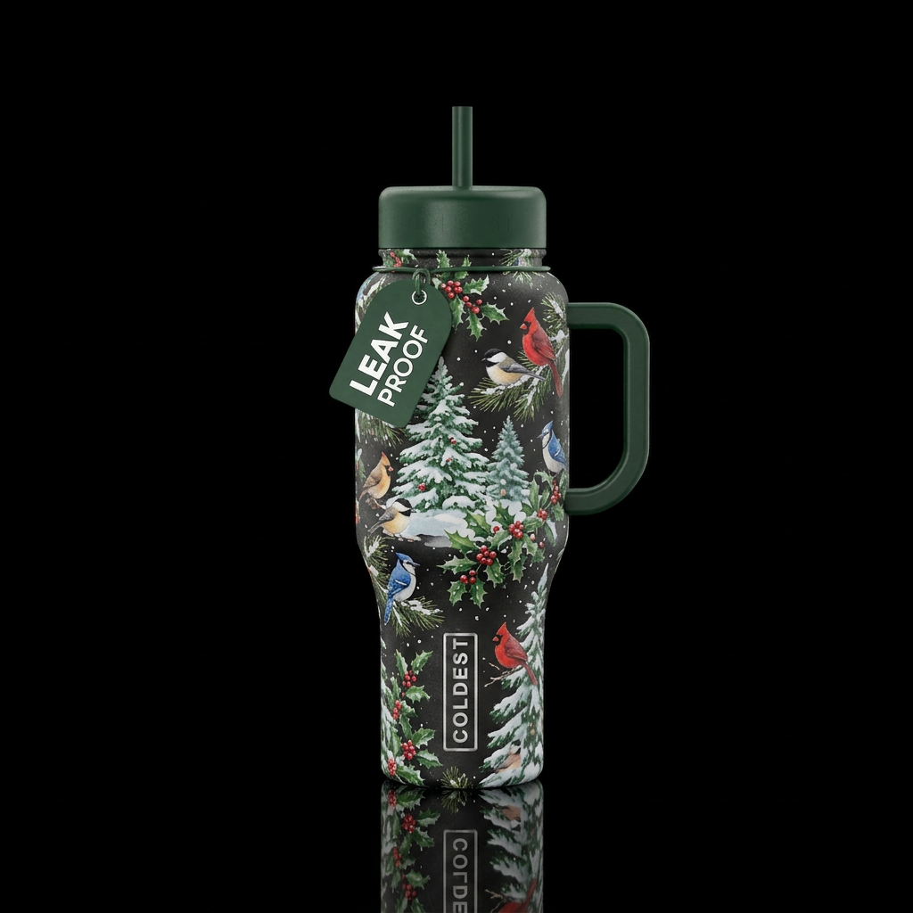 Snowy,pine trees,holly bushes, winter birds water bottle design