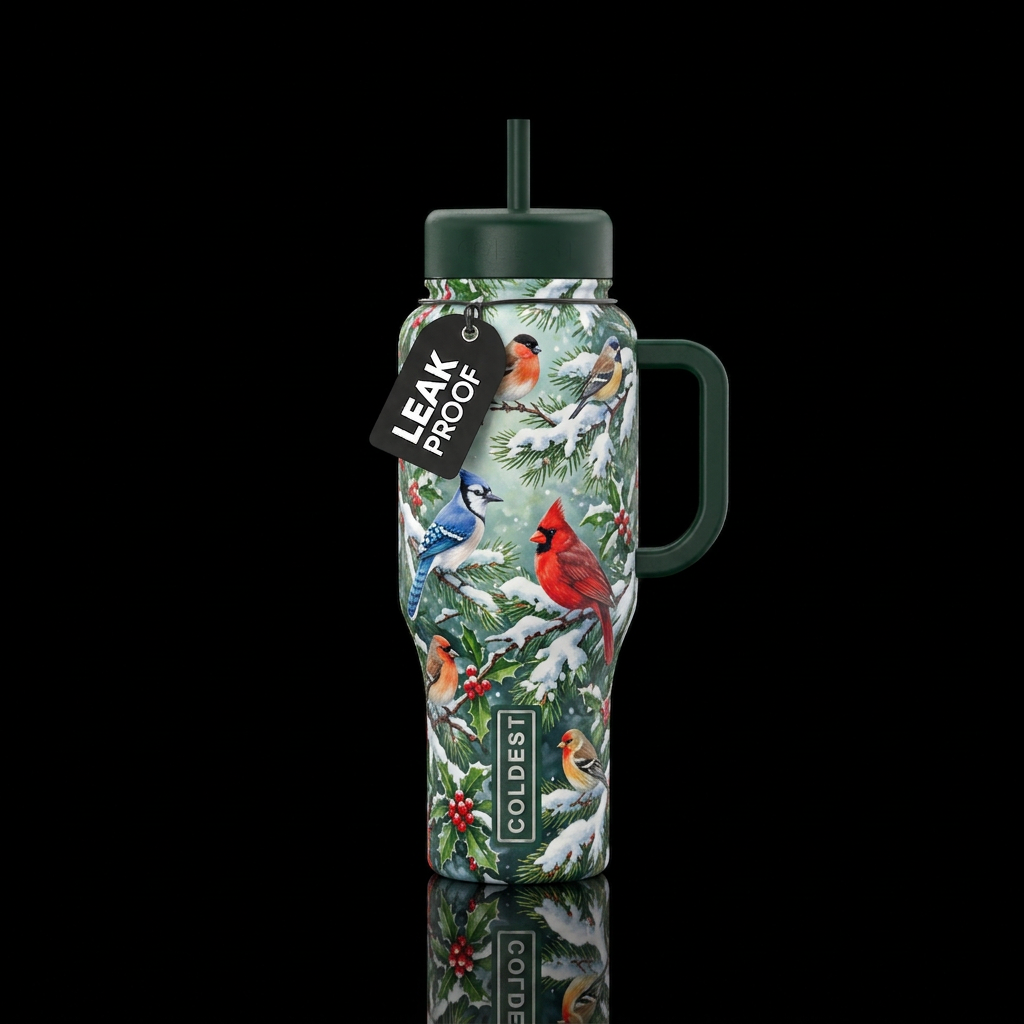 Snowy,pine trees,holly bushes, winter birds water bottle design